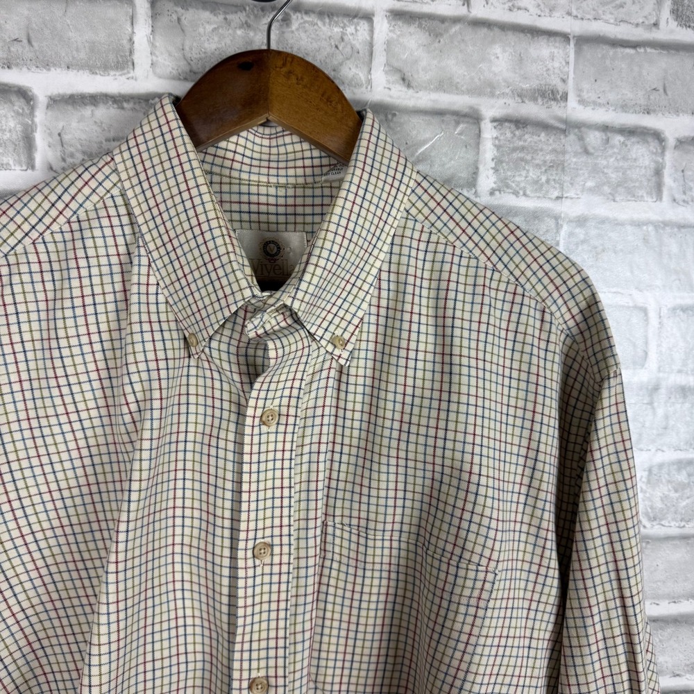 Viyella Mens 2XB Cotton Wool Blend Tattersall Check Button Down Shirt Cream USA